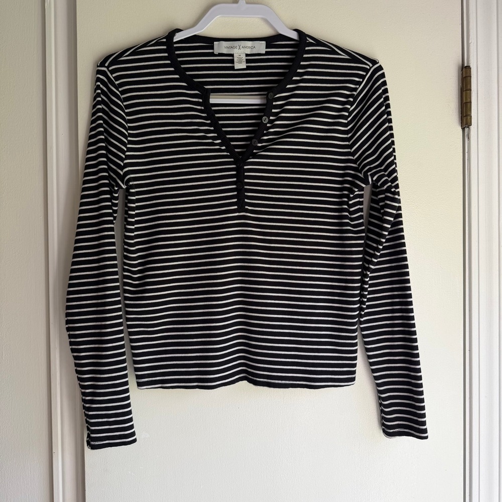 Vintage America Womens Black White Striped Ribbed Long Sleeve Henley Top Size M